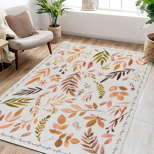 Syalife 3x5 Area Rugs, Non Slip Washable Low Pile Rugs for Living Room, Kitchen, Hallway, Bedroom Bedside, Kids Room, College Dorm (Orange Leafy, 3'x5')