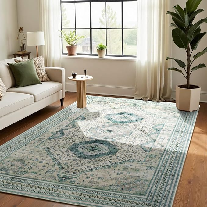 Maxsoft 6x9 Area Rug,Vintage Machine Washable Rugs for Living Room, Soft Non-Slip Low Pile Rug, Stain Resistant Rugs for Kitchen, Bedroom, Dining Room,Laundry Room,Nursery (Light Green)