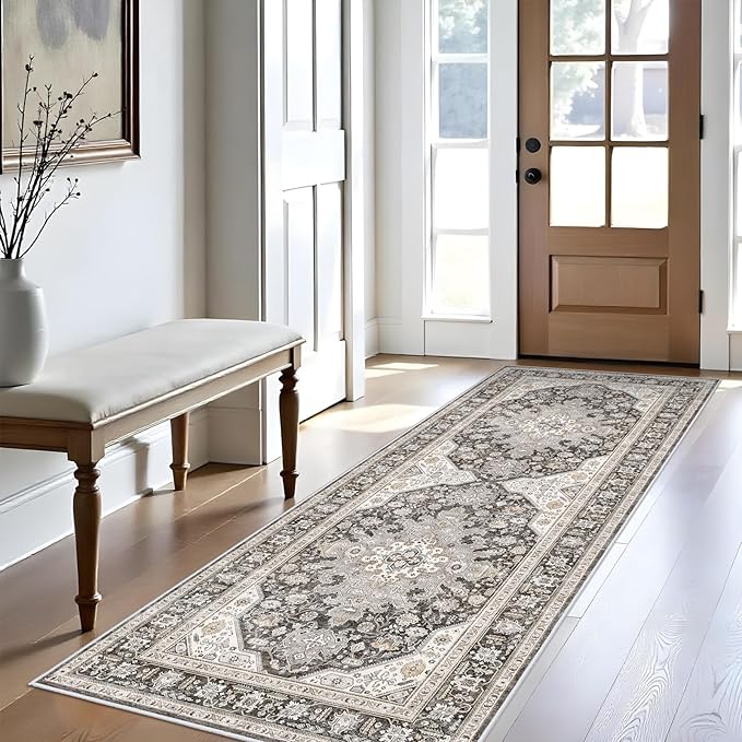 3x8 Runner Rug Kitchen, Hallway Non Slip Washable Oriental Runners Soft Indoor Neutral Carpet for Entry Bedroom Low Pile Stain Resistant Hall Rugs Long Thin Front Door Mat Waterproof - 3x8 Grey