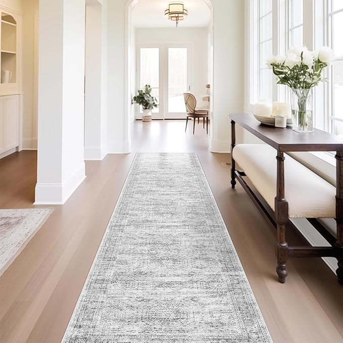 Runner Rug 2'6" x 14' Washable Non-Slip Runner Rugs for Kitchen Bathroom Laundry Room Vintage Ultra Thin Runners for Hallway Entryway Grey