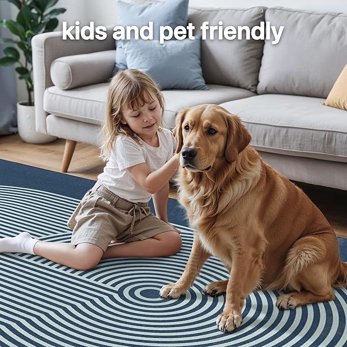 Bavni Area Rugs 8x10, Modern Soft Bedroom Rug, Machine Washable Rug Non Slip, Abstract Low Pile Large Rugs for Living Room, Dining Room, Blue White Lines