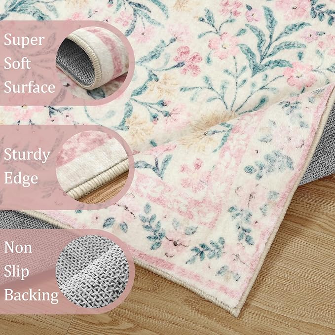 Morebes Boho Hallway Runner Rug 2x6,Floral Kitchen Runner Rugs Non Skid Washable,Super Soft Indoor Throw Carpet for Girls Bedroom Bedside Bathroom Laundry Room, Pink/Multi