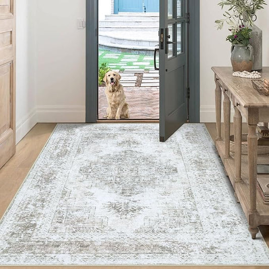 Vintage Medallion Distressed Throw Rug, 3x5, Taupe - Machine Washable, Non-Slip, Soft Low Pile for Bedroom, Bathroom, Kitchen, Entryway & Hallway