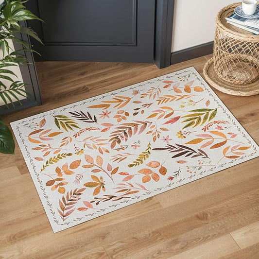 Syalife 2x3 Area Rugs, Non Slip Washable Small Rugs for Entryway, Kitchen, Bathroom, Kids Room, Low Pile Entry Throw Rug Indoor Front Door Mat (Orange Leafy, 2'x3')