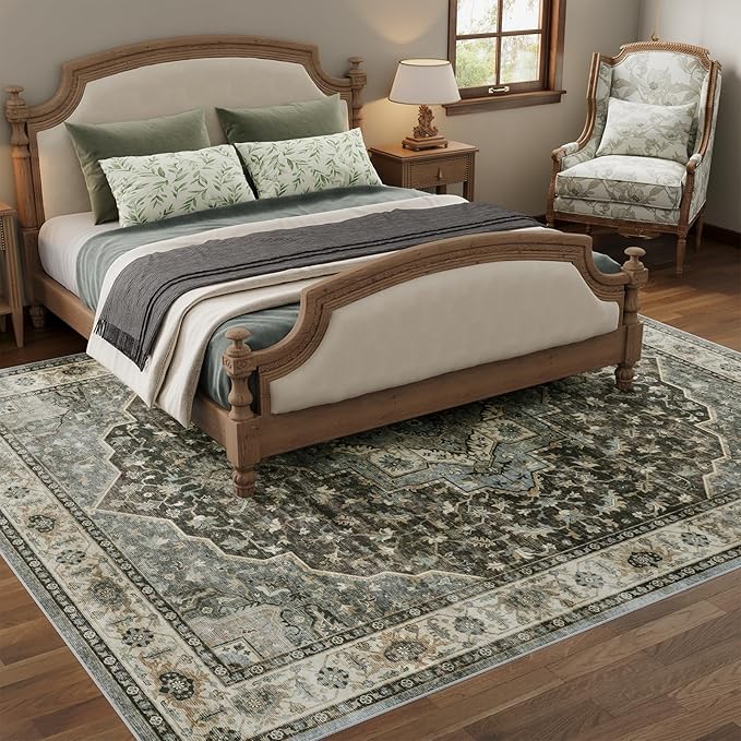 Dripex 8x10 Area Rugs,Machine Washable Non Slip Distressed Boho Rugs,Large Area Rug for Bedroom Aesthetic,0.24" Low Pile Lightweight Vintage Rug,Carpet for Living Room Dining Room,Dark Blue and Green