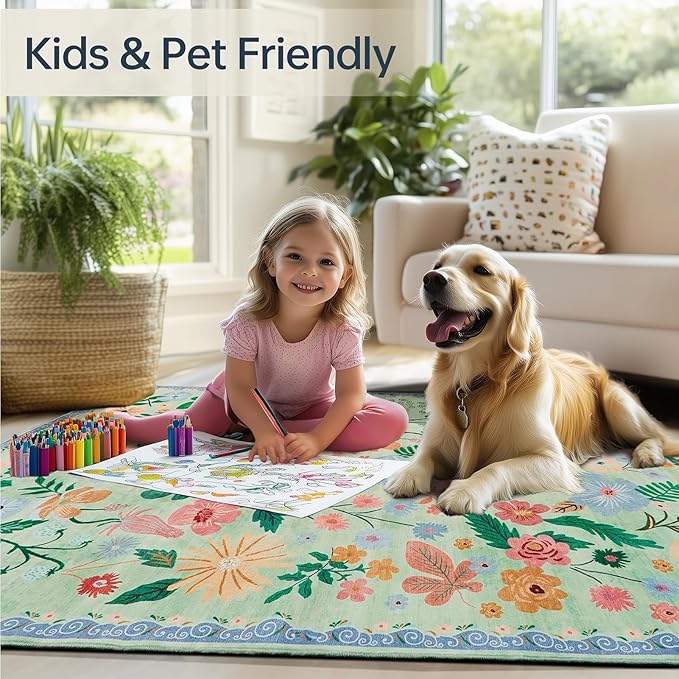 Washable Runner Rug 2x6 for Entryway Non Slip Stain Resistant Green Carpet Runners for Hallways 6ft Low Pile Faux Fur Vintage Floral Pattern Boho Spring Kitchen Rugs for Laundry Front Porch Bedroom
