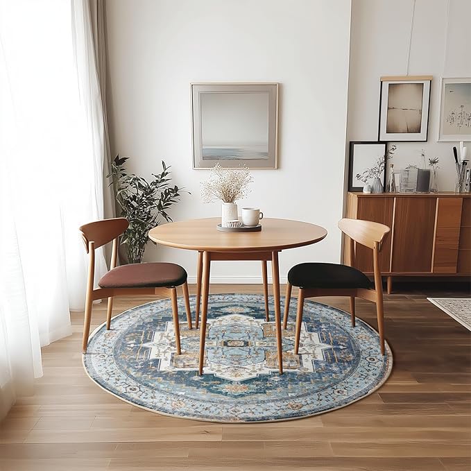 Washable 6ft Area Rugs, Rugs for Living Room, Low-Pile Water&Stain Resistant Carpet Vintage Distressed Printed Non-Slip Carpet for Bedroom Bathroom Kitchen-Sky Blue