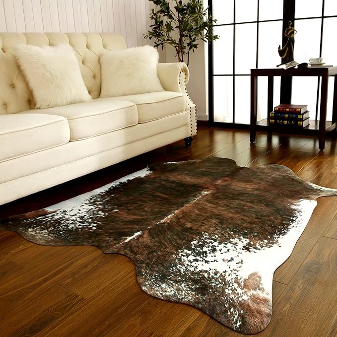 BENRON Faux Cowhide Rug, Western Cow Hide Rugs for Living Room Bedroom Home Decor, Non Slip Cute Rug with Irregular Animal Skins and Hides, Olive Green, 5.2 x 6.2ft