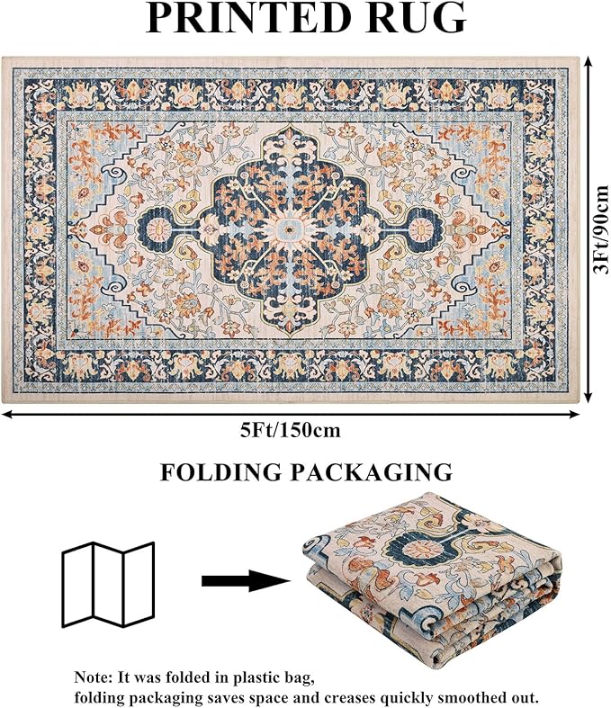 U'Artlines Boho Vintage Area Rug 3x5 Machine Washable Low Pile Soft Floor Carpet Non Slip Non Shedding Accent Rug for Living Room Bedroom Entryway Dining Room Office Orange Blue
