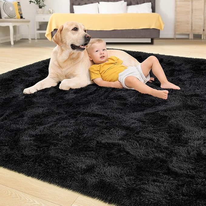 Tepook Super Soft Fluffy Rugs for Bedroom, Shag 5x7 Area Rugs for Living Room, Modern Shaggy Rug Fuzzy Carpets for Kids, Plush Indoor Nursery Home Decor Rug with Non-Slip Bottom, Black