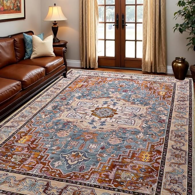 Washable Vintage Area Rugs 3x5, Low Pile Carpet, Non-Slip Distressed Rug for Bedroomn Living Room, Dining Room, Non-Slip, Low Pile, Brick Red
