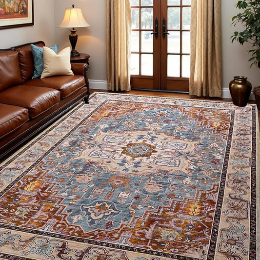 Washable Vintage Area Rugs 3x5, Low Pile Carpet, Non-Slip Distressed Rug for Bedroomn Living Room, Dining Room, Non-Slip, Low Pile, Brick Red