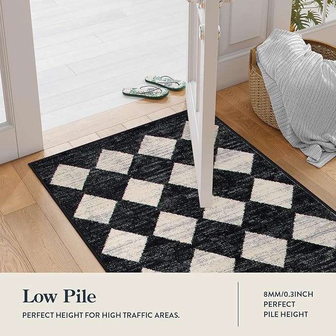 Lahome Washable Black and White Kitchen Runner Rug, 2x5 Soft Non Slip Laundry Room Rug Bathroom Runner Rugs with Rubber Backing, Moroccan Trellis Kid Pet Friendly Carpet Runner for Entryway Bedside