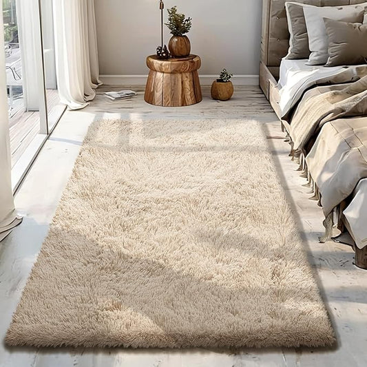 Fluffy Rug Shaggy Area Rug, Beige 3x5 Area Rugs for Bedroom, Small Bedside Rug, Soft Fluffy Shaggy Entryway Throw Rugs for Living Room Bedroom Kids Room Home Decor