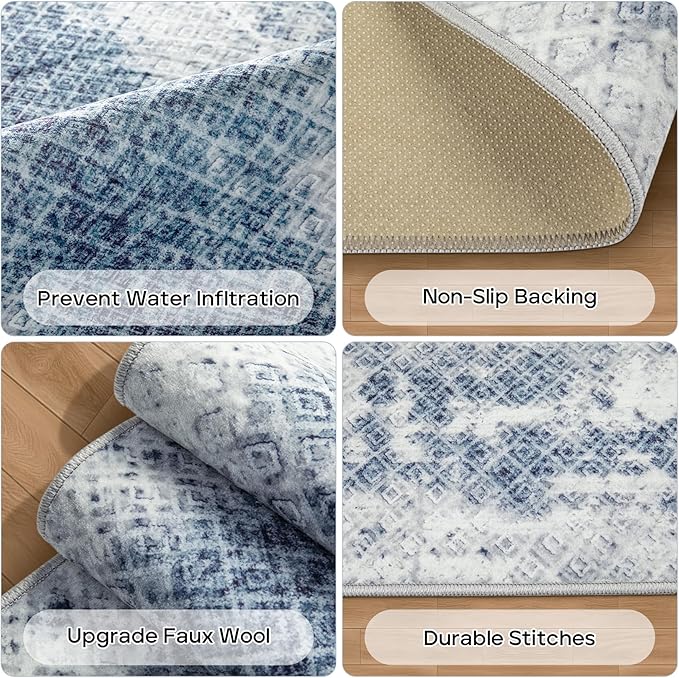 2x3 Area Rug for Living Room: Washable Rug Non-Slip Modern Abstract Living Room Rug Soft Thin Carpets Indoor Floor Non-shedding Carpet for Bedroom Dining Farmhouse Home Office (White/Dark Blue, 2'x3')