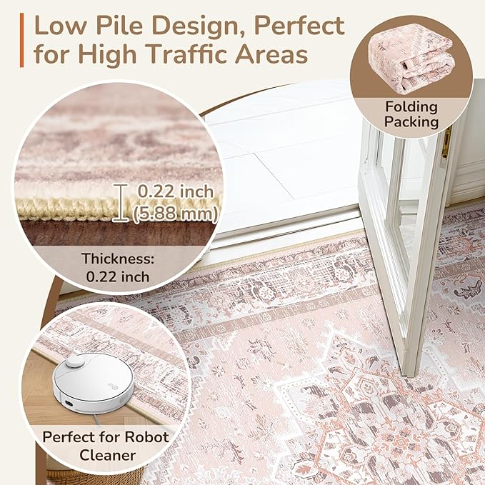 BESTSWEETIE 4x6 Area Rugs for Living Room Washable Non Slip Carpet Low Pile Soft Vintage Print Pattern Rug for Bedroom Dining Room Kitchen Entryway Indoor-Light Pink