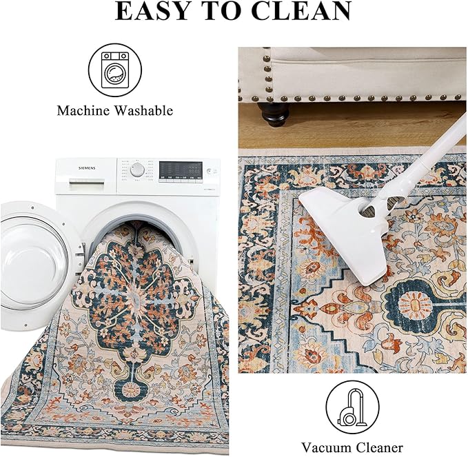U'Artlines Boho Vintage Area Rug 3x5 Machine Washable Low Pile Soft Floor Carpet Non Slip Non Shedding Accent Rug for Living Room Bedroom Entryway Dining Room Office Orange Blue