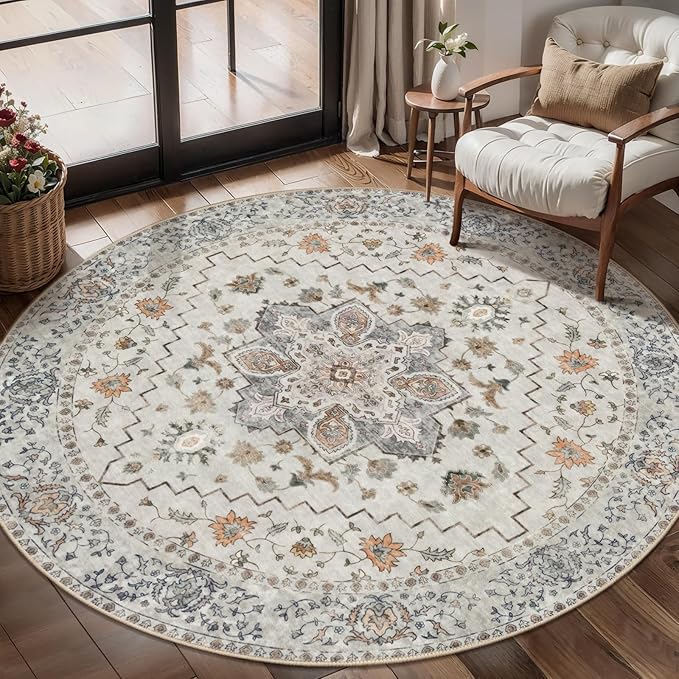 Vintage Round Rug 4ft Washable Circle Rug, Non Slip Small Boho Round Rug, Low Pile Circular Rugs, Round Carpet for Bedroom,Entryway,Nursery,Dorm,Kitchen,Taupe