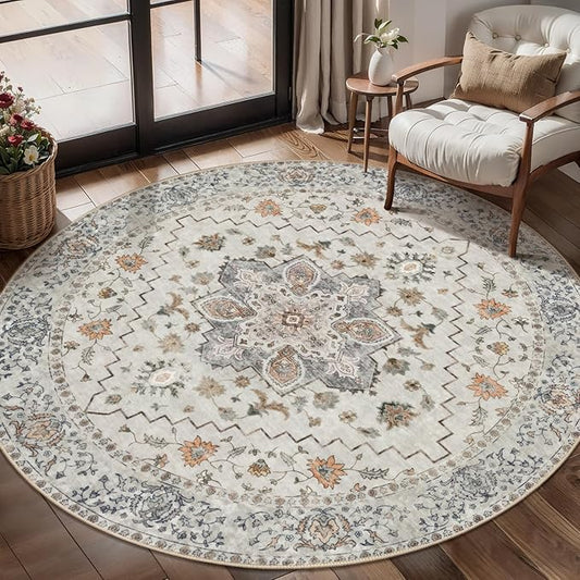Vintage Round Rug 4ft Washable Circle Rug, Non Slip Small Boho Round Rug, Low Pile Circular Rugs, Round Carpet for Bedroom,Entryway,Nursery,Dorm,Kitchen,Taupe