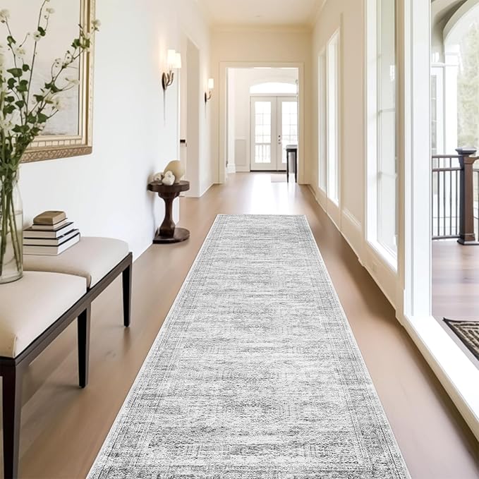 Runner Rug 2'6" x 14' Washable Non-Slip Runner Rugs for Kitchen Bathroom Laundry Room Vintage Ultra Thin Runners for Hallway Entryway Grey