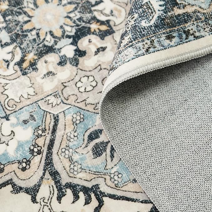 Washable Area Rug 9x12 - Living Room Farmhouse Vintage Oriental Rug Large Distressed Non-Slip Stain Resistant Carpet for Bedroom Dining Room Home Office (9x12 Blue/Cream)