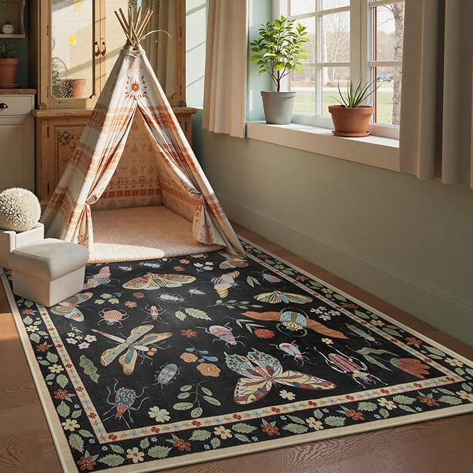 Beeiva Insect Print Rug 5x7, Washable Rugs for Living Room, Boho Non Slip Low Pile Ultra Thin Foldable Large Carpet for Office, Bedroom, Kids Room, Playroom - Black