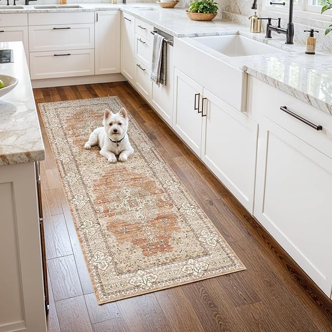 2x5 Runner Rug for Hallway Washable: Non Slip Kitchen Rugs with Rubber Backing Soft Waterproof Mats Stain Resistant Indoor Vintage Carpet Runner for Bedroom Bathroom Laundry Entryway Brick/Terracotta