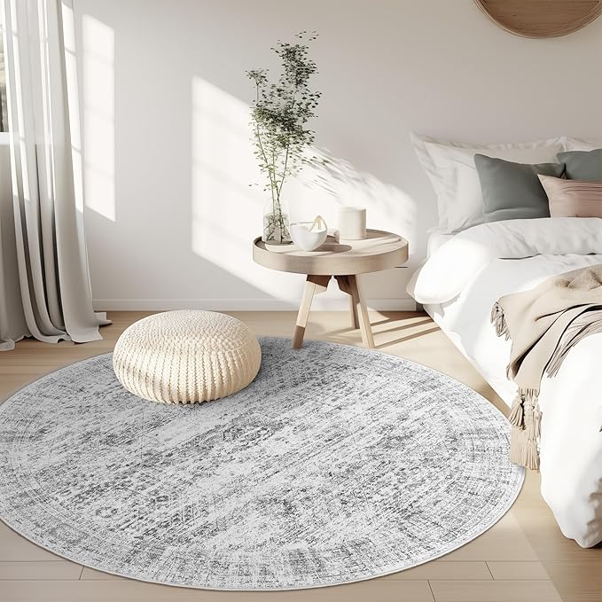 4x4 Grey Round Rug 4ft Gray Entryway Rug Vintage Round Area Rug Non-Slip Indoor Carpet for Living Room Dining Room Bedroom