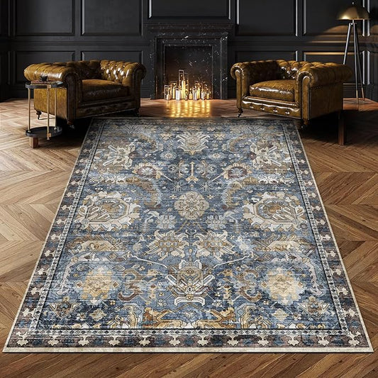 Washable Area Rugs - Perfect for Living Room, Bedroom, Kids Room, Nursery - Stain & Water Resistant Non-Slip, Pet & Child Friendly, Vintage Tribal Area Rugs (Navy, 4' x 6')