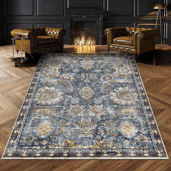 Washable Area Rugs - Perfect for Living Room, Bedroom, Kids Room, Nursery - Stain & Water Resistant Non-Slip, Pet & Child Friendly, Vintage Tribal Area Rugs (Navy, 8' x 10')