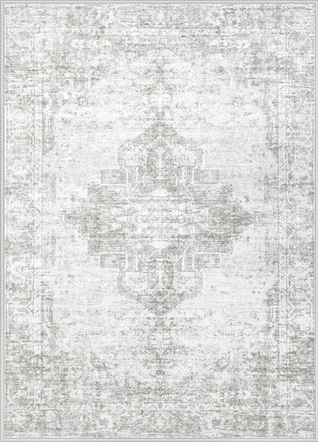 Vintage Washable Area Rugs 2x3: Small Entryway Rug with Non-Slip Backing Low Pile Rugs Soft Indoor Floor Thin Carpet Neutral Carpets for Bedroom Kitchen Laundry Under Dining Table Gray/Ivory