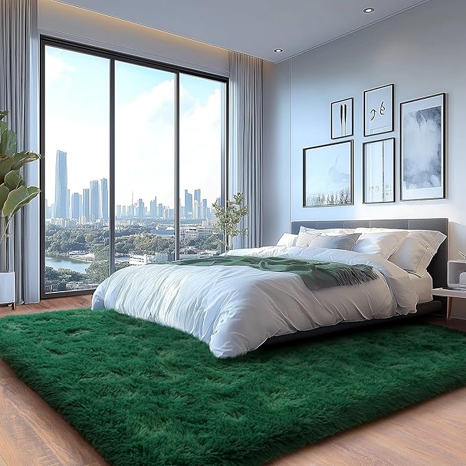 Modern Fluffy Area Rug, Green, 6x9 Feet, Machine Made, Tie-Dye, Rectangular, Microfiber, Indoor, Stain Resistant, Hand Wash Only