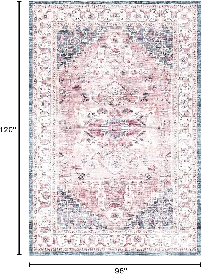 Vintage Boho Pink 8x10 Area Rug - Washable, Non-Slip, Low Pile Faux Wool for Living Room, Bedroom, Dining Room, Kitchen, Office