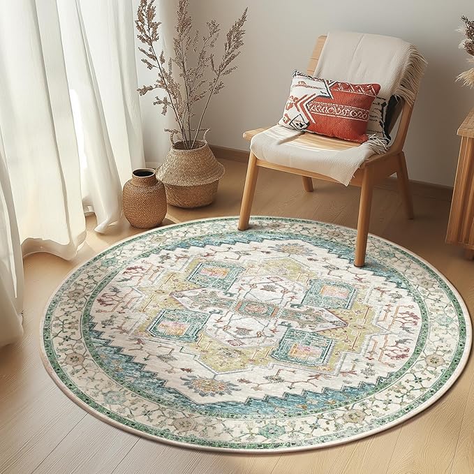 Washable 4ft Area Rugs, Rugs for Living Room, Low-Pile Water&Stain Resistant Carpet Vintage Distressed Printed Non-Slip Carpet for Bedroom Bathroom Kitchen-Grass Green