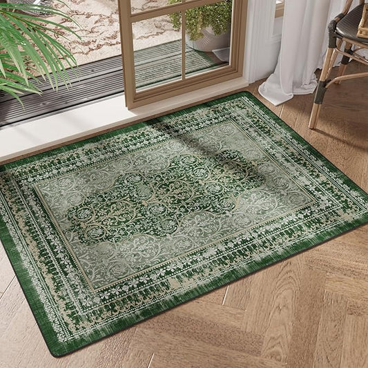 2x3 Small Washable Non-Slip Vintage Chenille Area Rug,Low Pile Distressed Floral Carpet for Entryway Kitchen, Boho Farmhouse Stain Resistant Indoor Rug