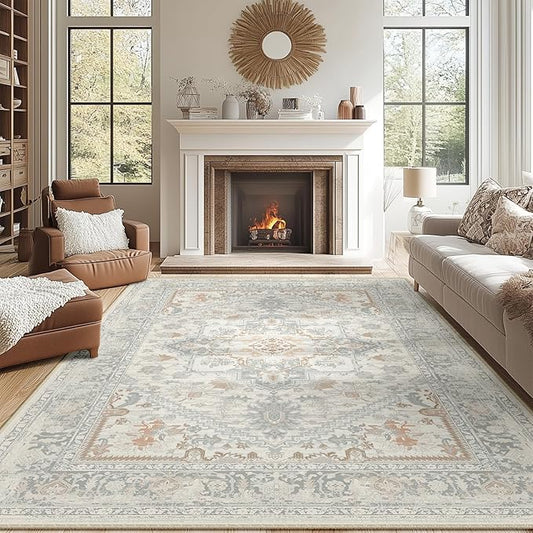 BESTSWEETIE 6x9 Area Rugs for Living Room Washable Non Slip Carpet Low Pile Soft Vintage Print Pattern Rug for Bedroom Dining Room Kitchen Entryway Indoor-Light Taupe/Brown