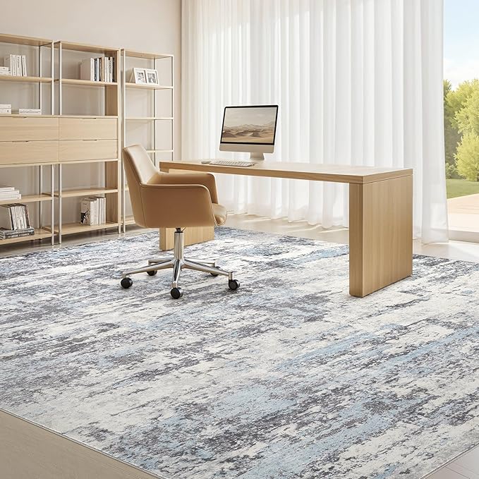Area Rugs for Living Room: 5x7 Abstract Washable Rug Modern Neutral Large Soft Stain Resistant Non-Slip Backing Machine Table for Bedroom Dining Room Indoor Home Office Carpet - Blue Grey