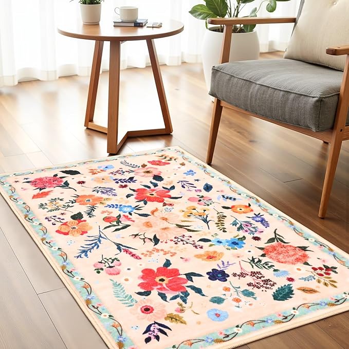 2x3 Small Floral Rug for Entryway, Flowers Printed Washable Rugs with Non Slip Backing for Girls Bedroom Kitchen, Cute Throw Carpet Front Door Entry Decor, Peach White