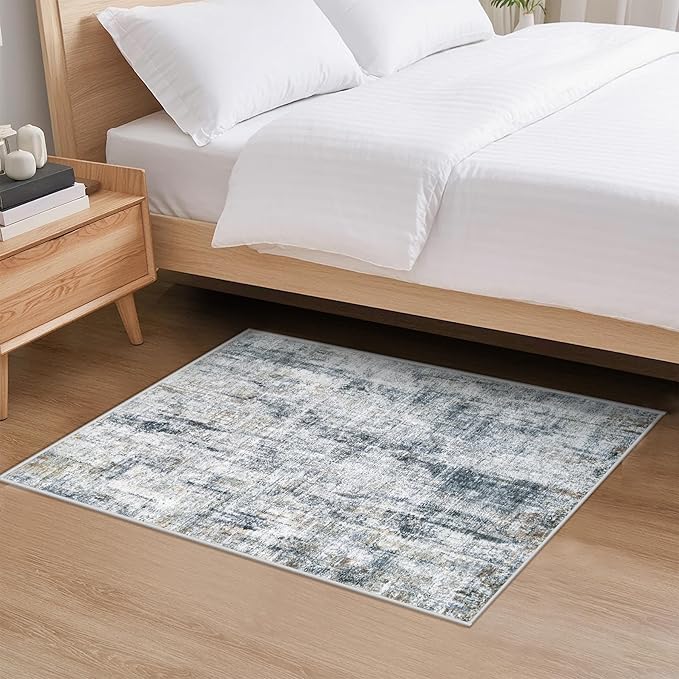 Washable Entryway 2x3 Rugs: Neutral Small Area Rug Abstract Non Slip Modern Indoor Door Mat for Kitchen Bedroom Hallway Office (Multi Blue, 2'x3')