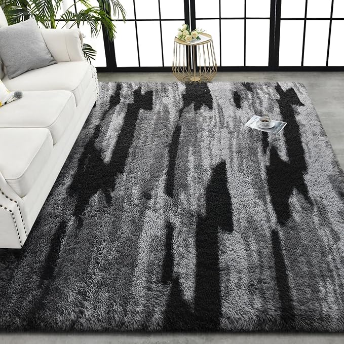 TWINNIS Super Soft Shaggy Rugs Fluffy Carpets, 6x9 Feet, Indoor Modern Plush Area Rugs for Living Room Bedroom Kids Room Nursery Home Decor, Upgrade Anti-Skid Rectangular Fuzzy Rug, Black Gray