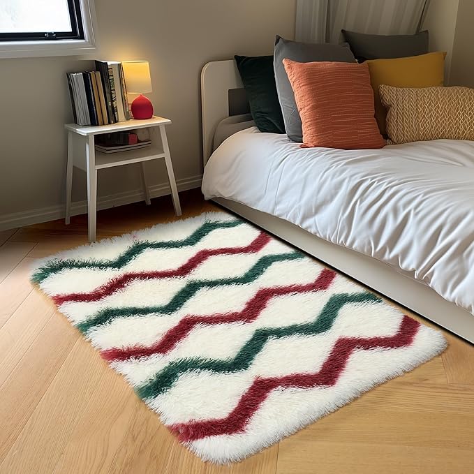 RUGTUDER Small Rug for Bedroom, Washable 2x3 Throw Rugs for Living Room, Cream Red Green Non Slip Fluffy Fuzzy Shag Soft Rugs Striped Chevron Modern Geometric Rug for Bedside Kids Room Decor Aesthetic