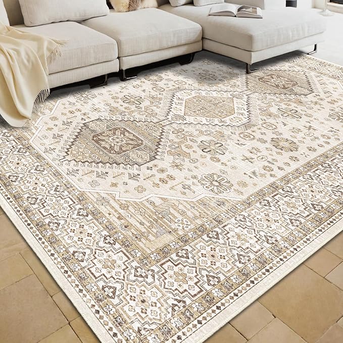 Washable Vintage Area Rug 7x9 Boho Chic Medallion Distressed Design Non-Shedding Easy Care Ideal for High Traffic Areas in Living Room Bedroom Kitchen Office Large Carpet (Beige/Cream, 7X9)