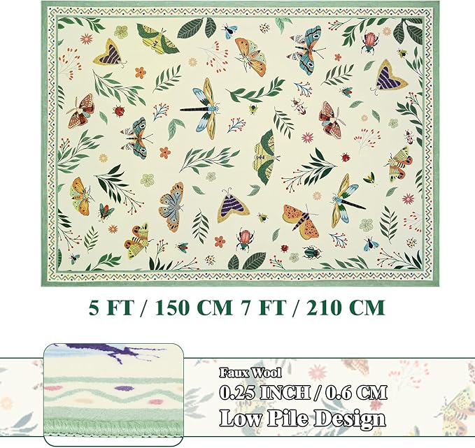 ASPMIZ Insect Area Rug 5X7, Beige Bedroom Rug Non Slip, Spring Summer Washable Rug Farmhouse Butterfly Living Room Rugs Low Pile, Soft Faux Wool Throw Carpet for Dining Room Office Nursery, Beige
