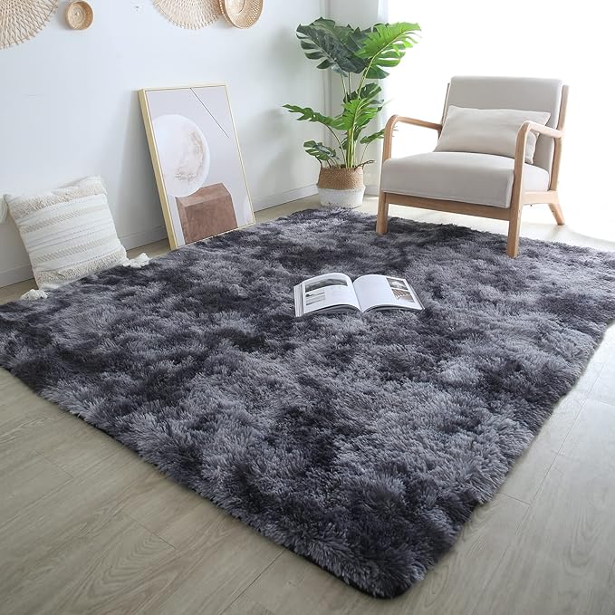 CAIYUECS Grey Shag Area Rug,for Bedroom: Indoor Ultra Soft Plush Rugs for Bedroom Living Room, Non-Skid Modern Nursery Faux Fur Rugs for Kids Room Home Decor (Tie-Dyed Dark Gray, 3x5 Feet)