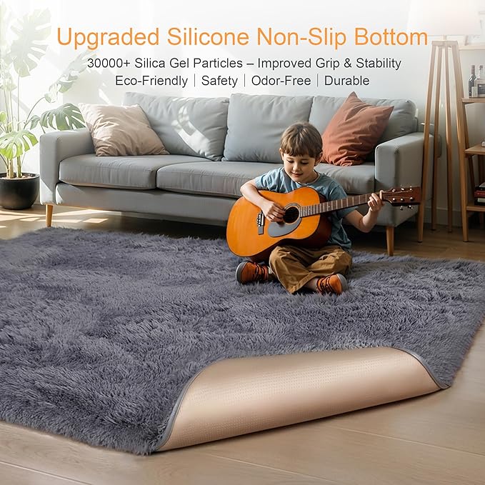 Thick Area Rug Grey Fluffy Shag 3x5 for Bedroom, Ultra Soft Plush Fuzzy Washable Throw Carpet, Modern Non Slip Cozy Furry Shaggy Rug for Living Room Kids Baby Nursery College Dorm