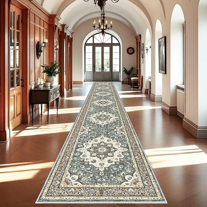 Washable Oriental Hallway Runner Rug - 3x20 Rugs for Living Room Soft Carpet for Bedroom Kitchen Waterproof Floral Distressed Indoor Stain Resistant Non-Shedding Floor Carpets (Blue, 3X20)