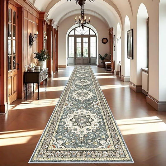 Washable Oriental Hallway Runner Rug - 3x20 Rugs for Living Room Soft Carpet for Bedroom Kitchen Waterproof Floral Distressed Indoor Stain Resistant Non-Shedding Floor Carpets (Blue, 3X20)