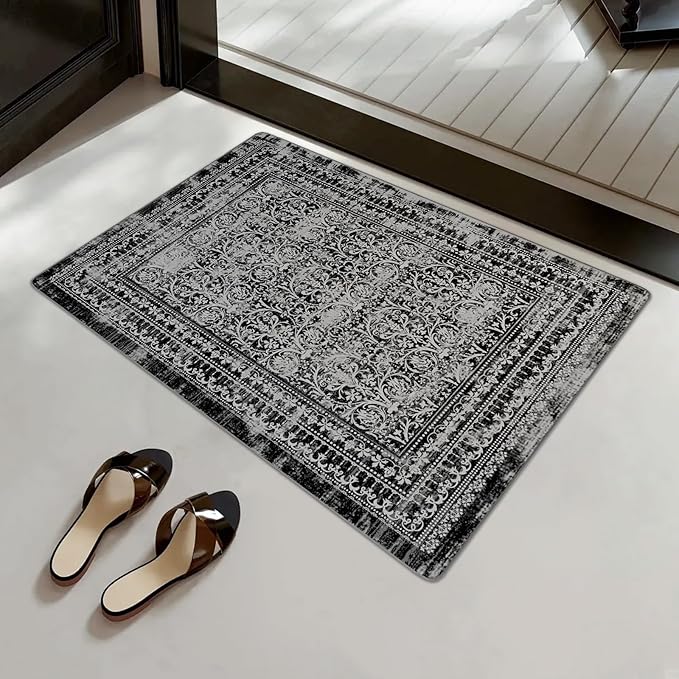 2x3 Small Washable Non-Slip Vintage Chenille Area Rug,Low Pile Distressed Floral Carpet for Entryway Kitchen, Boho Farmhouse Stain Resistant Indoor Rug