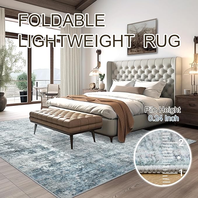 10x14 Area Rugs for Living Room, Non Slip Machine Washable Vintage Rugs, Low Pile Lightweight Large Rug for Bedroom, Dining Room, Home Office Blue