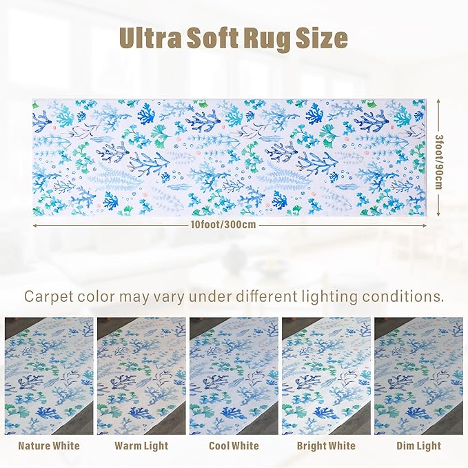 Carvapet Rugs for Hallway Laundry Bedroom, Modern Floral Low Pile Long Carpet with Rubber Backing, Foldable, Non Slip Machine Washable (10 x 3 Feet Rectangular, Blue Coral Runner Rug)